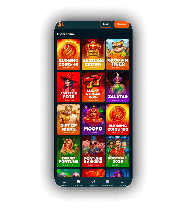 The EmberBet game lobby with the slot shelves and the search field