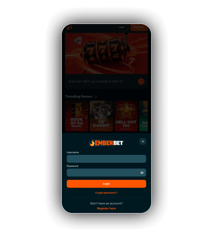 The EmberBet sign in box with the email and password fields
