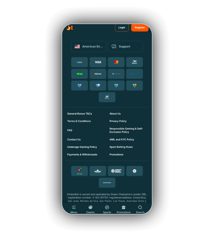 The EmberBet cashier with the card, wallet and coin routes side by side