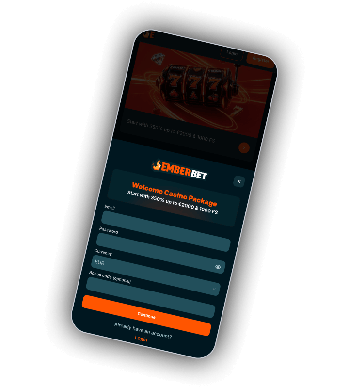 The EmberBet sign up form with the email, password and currency fields